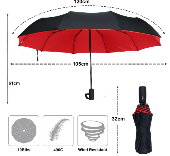 Reverse-Close Inverted Umbrella with Auto-Open Button – Wind-Resistant Double-Layer Canopy for Storm Protection – Hands-Free C-Handle | Thomler