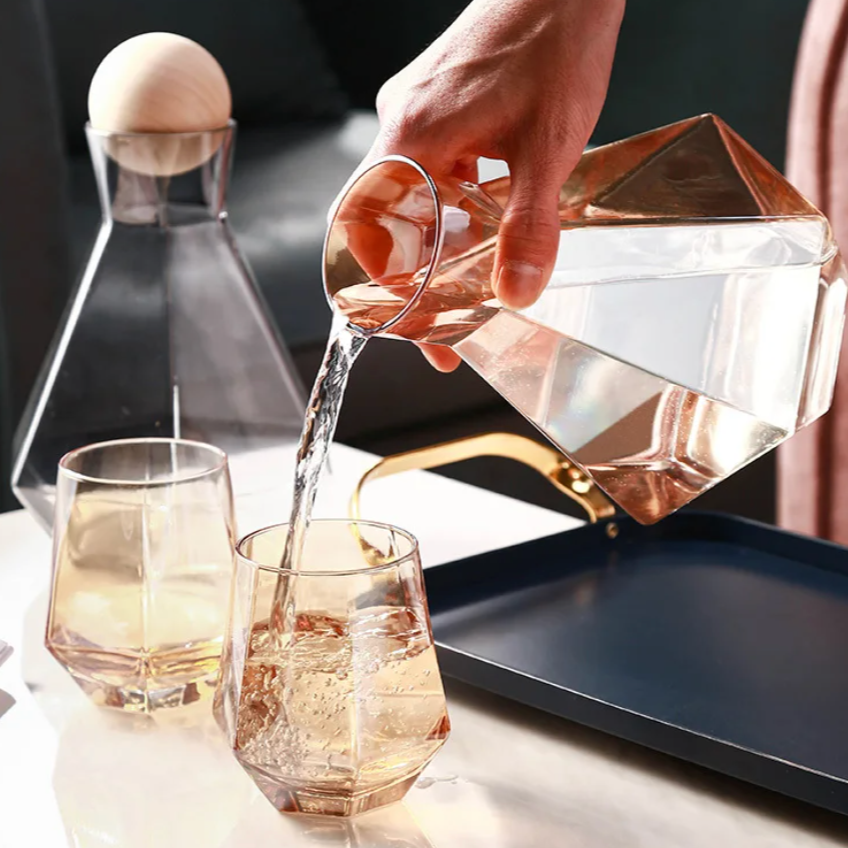 Glass Drinkware Set Eco-Friendly 9 in Jug 4 in Rocks Glasses Diamond Pattern Bar Kitchen Dining Accessories | Thomler