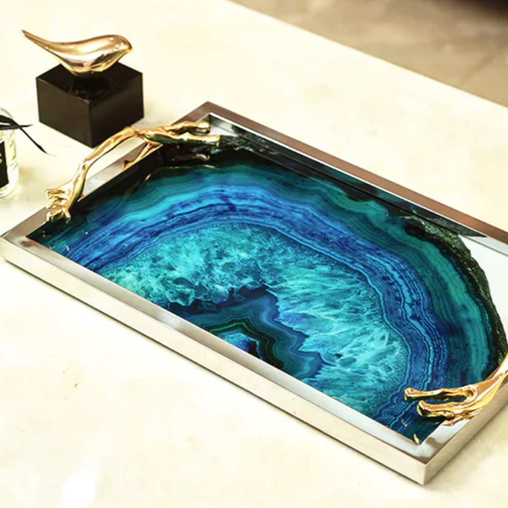 Serving Tray Glass Stainless Steel 16 in Blue Agate Pattern Dining Coffee Table Decorative Rectangle Round Display Platter | Thomler