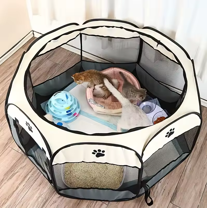 Pet Playpen Oxford Fabric 114.0 cm Brown Indoor Outdoor Puppy Cat Enclosure Foldable Portable Exercise Pen | Thomler