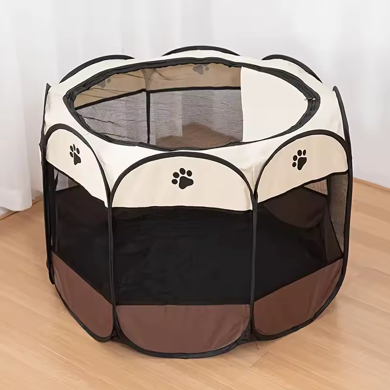 Pet Playpen Oxford Fabric 114.0 cm Brown Indoor Outdoor Puppy Cat Enclosure Foldable Portable Exercise Pen | Thomler