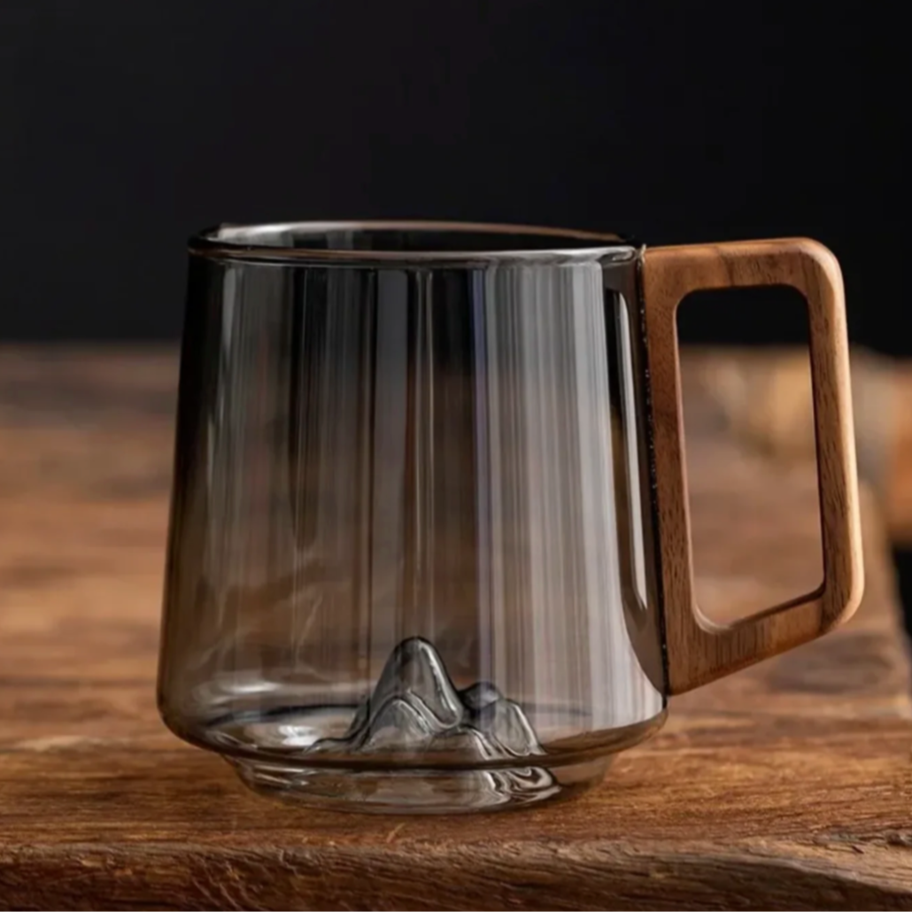 Glass Coffee Mug Borosilicate 4 in Heat-Resistant Mountain Peak Design Wooden Handle Everyday Tea Coffee Cup | Thomler