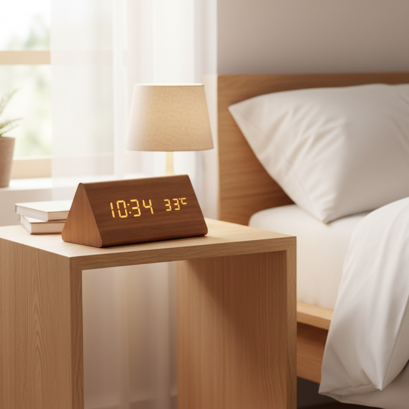 Voice-Activated Wooden LED Clock – Natural Grain Display for Bedroom or Living Room | Thomler