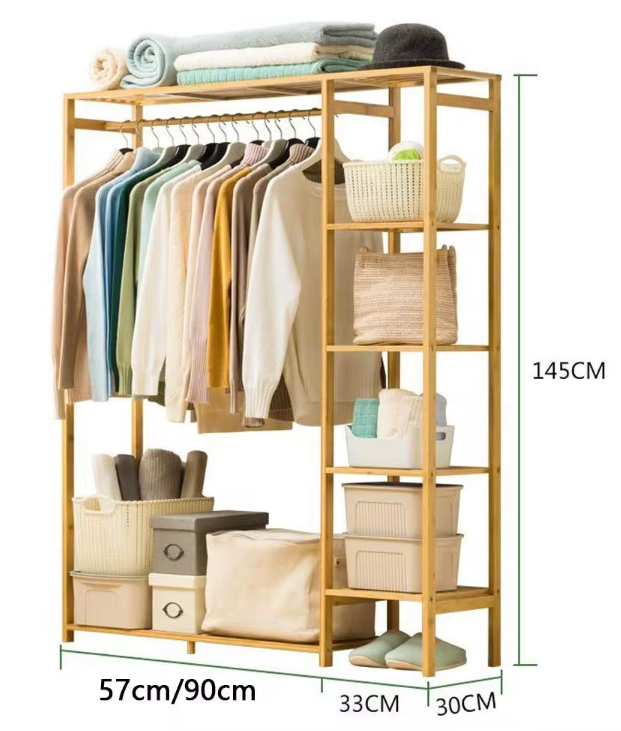 Clothes Rack Bamboo 90.0 cm Natural Bedroom Storage With Shelves Open Wardrobe Garment Organiser Shoe And Accessory Stand | Thomler