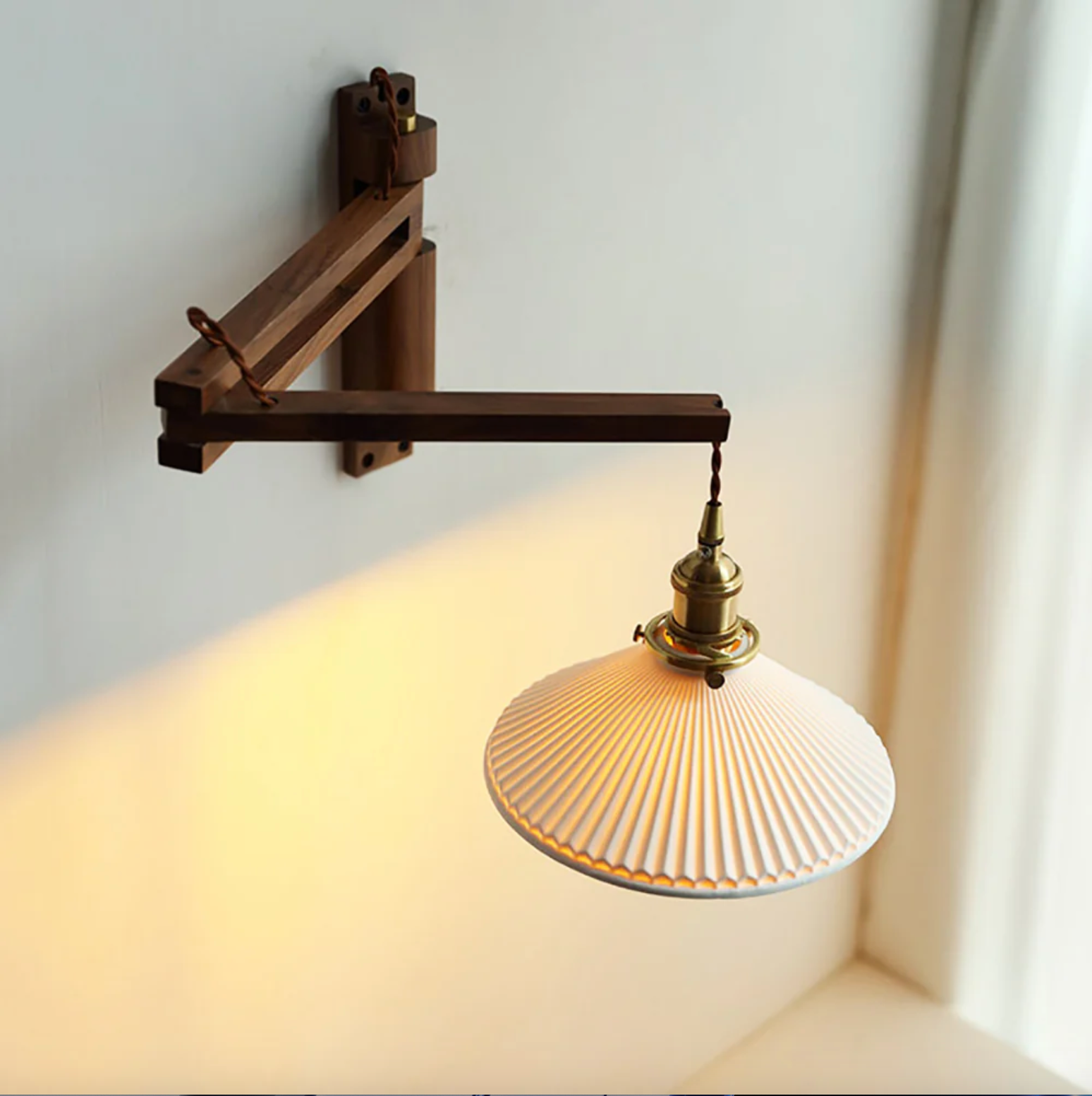 Swing Arm Ceramic Wall Sconce with Wood Bracket and Knob Switch for Bedroom Hallway Reading Nook Vintage Plug-In Lighting | Thomler