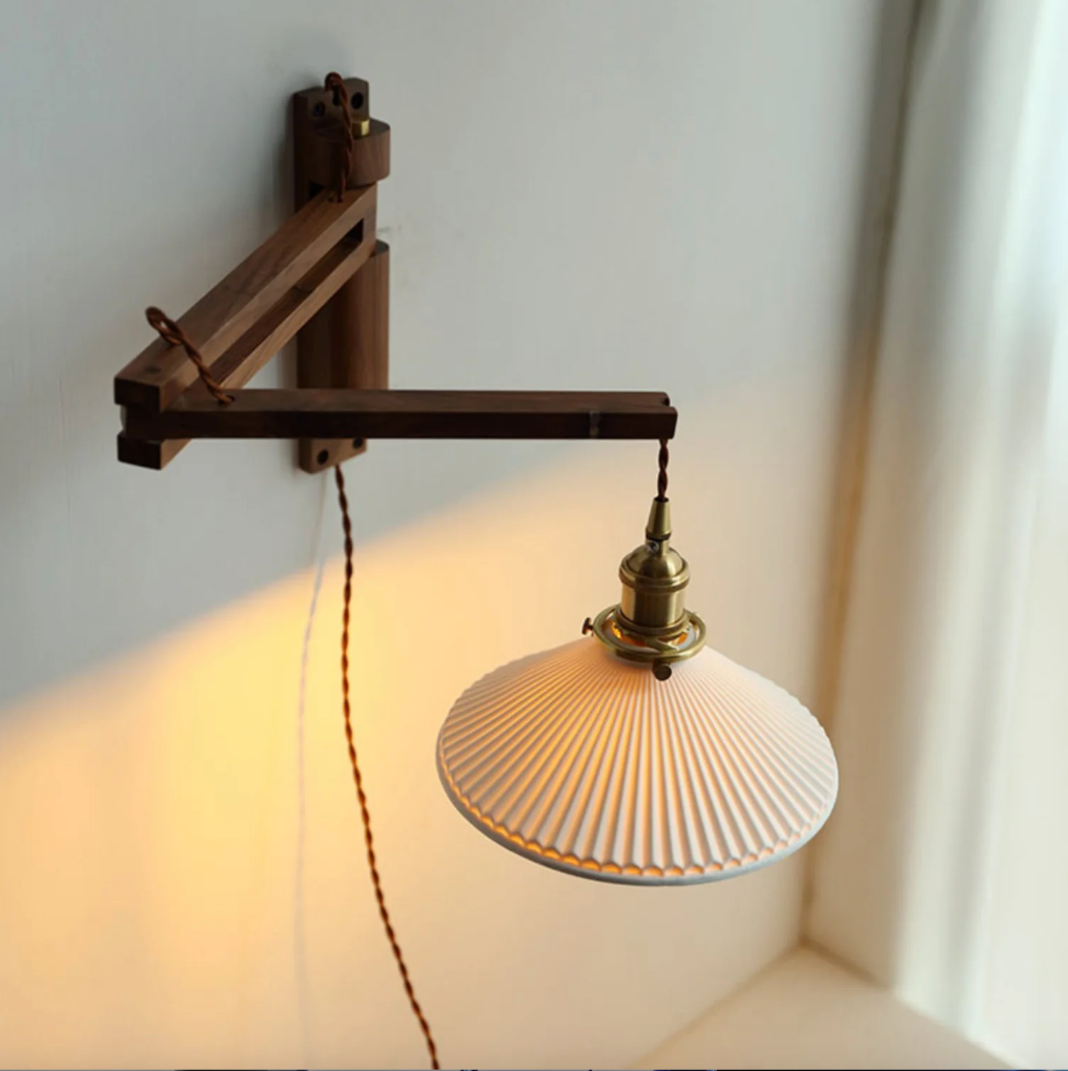 Swing Arm Ceramic Wall Sconce with Wood Bracket and Knob Switch for Bedroom Hallway Reading Nook Vintage Plug-In Lighting | Thomler