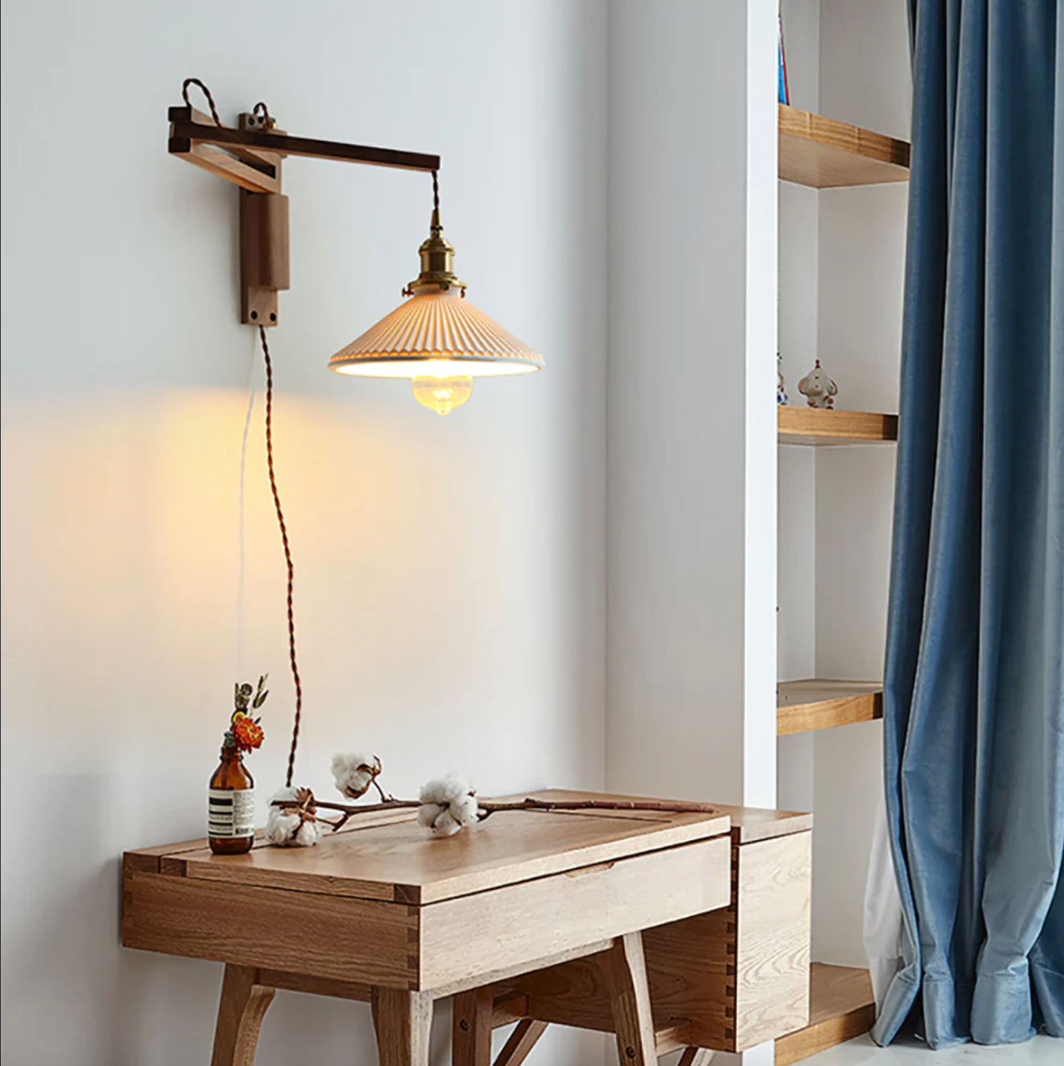 Swing Arm Ceramic Wall Sconce with Wood Bracket and Knob Switch for Bedroom Hallway Reading Nook Vintage Plug-In Lighting | Thomler