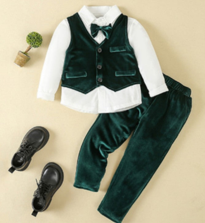 Boys Formal 3-Piece Suit Set with Shirt, Vest, Pants & Bow Tie for Weddings, Parties, Special Occasions | Toddler Kids Dress Outfit | Thomler
