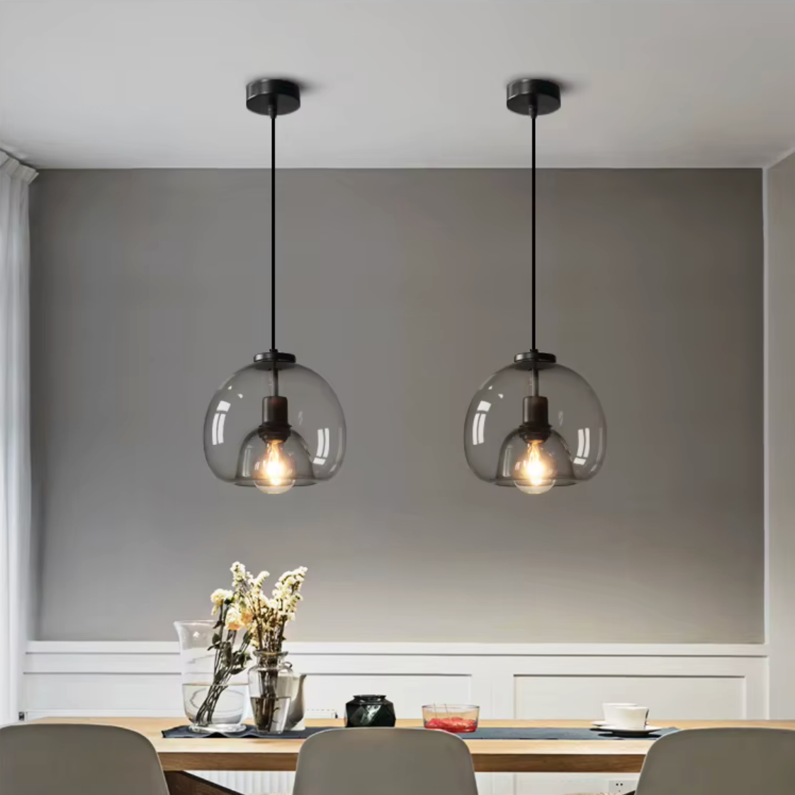 Pendant Light Smoked Glass 25.0 cm Grey Dining Room Kitchen Island Hanging Ceiling Lamp Adjustable E27 Modern Lighting | Thomler