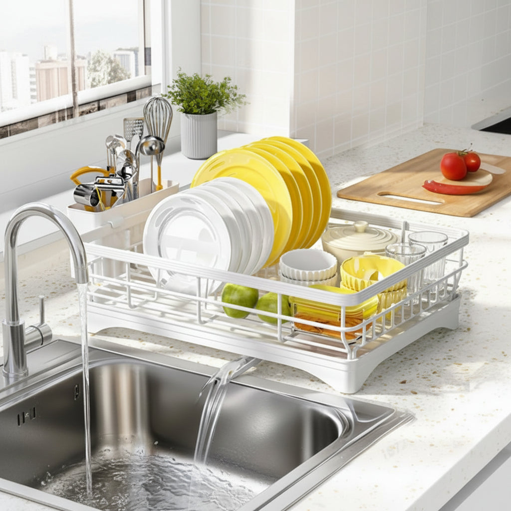 Countertop Dish Rack with Cutlery Caddy – Steel Frame Drainer for Plates, Bowls & Silverware | Rust-Resistant Kitchen Organizer | Thomler