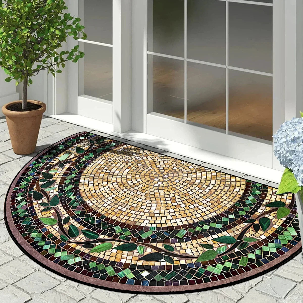 Half Circle Entryway Mat – Non-Slip Outdoor Rug with Vintage Patchwork Floral Geometric Print for Patio, Front Door, Balcony & | Thomler