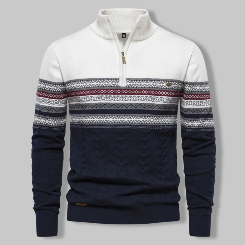 Men's Alpine-Inspired Quarter-Zip Pullover with Cable-Knit Texture & Nordic Chest Band – Ribbed Stand Collar Sweater for Everyday Warmth | Thomler