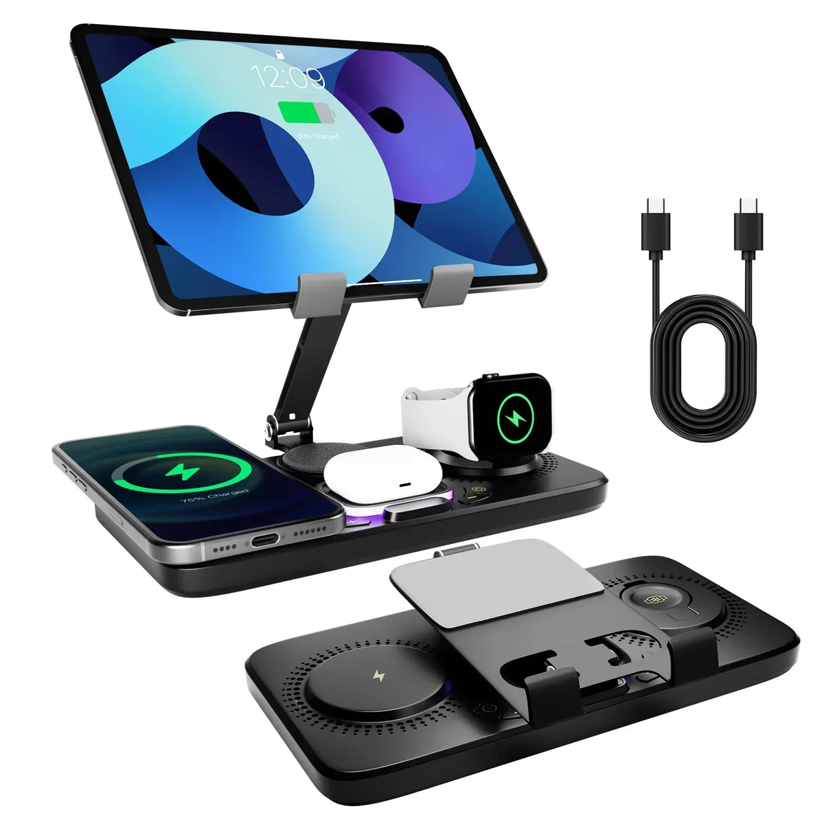 Multi-Device Wireless Charging Station with Adjustable Tablet Holder for Phones, Watches & Earbuds | Thomler