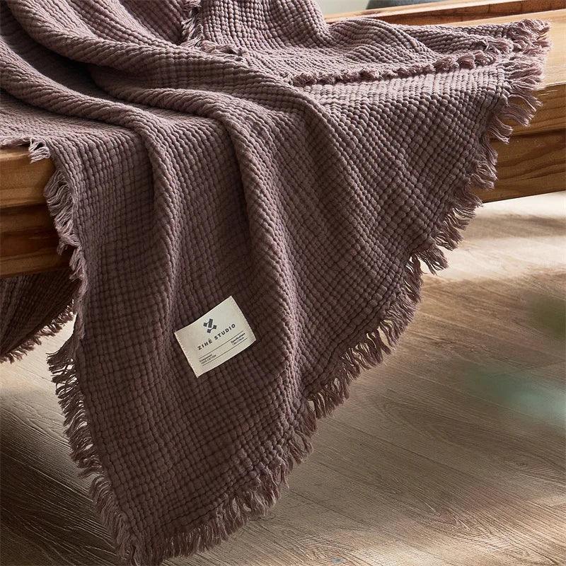 Four-Layer Cotton Gauze Throw Blanket with Tassels – Reversible Muslin Sofa Coverlet for Living Room & Bedroom | Thomler