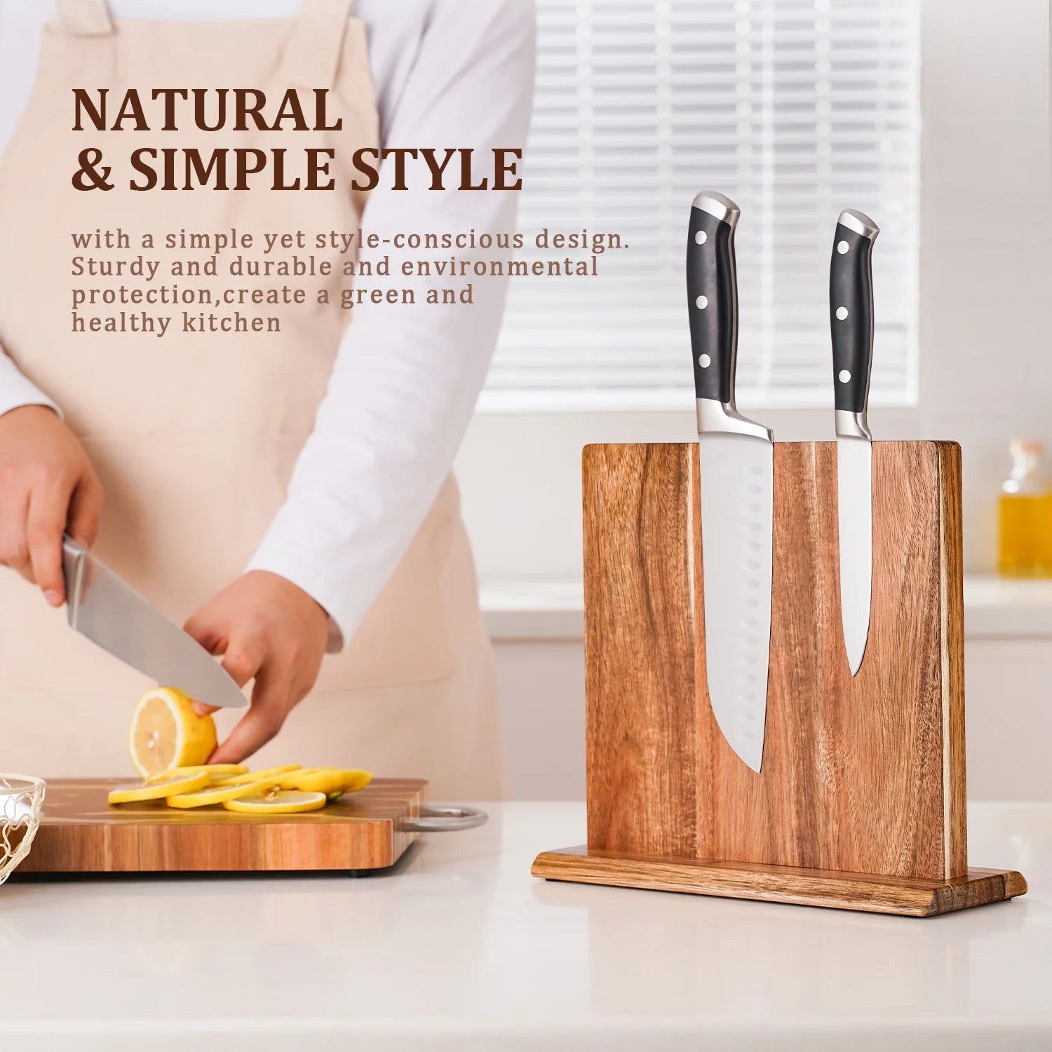 Knife Holder Acacia Wood Magnetic Freestanding Countertop Kitchen Storage Rack Organiser Natural Brown Space Saving Knife Block Alternative | Thomler