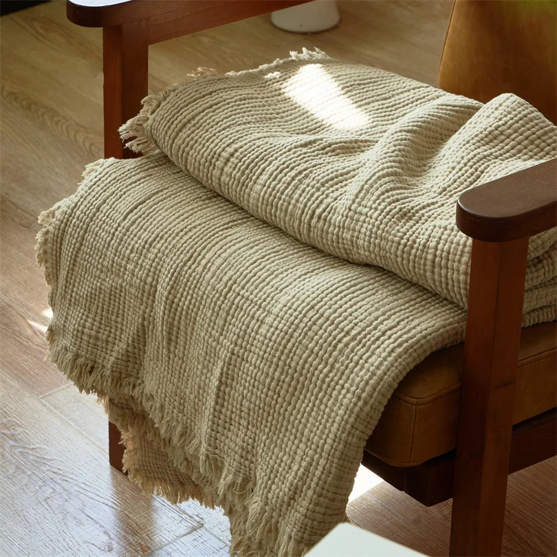 Premium Cotton Muslin Throw Blanket with Tassels – 6-Layer Gauze Weave for Couch, Bed, Office Naps & Decor | Thomler