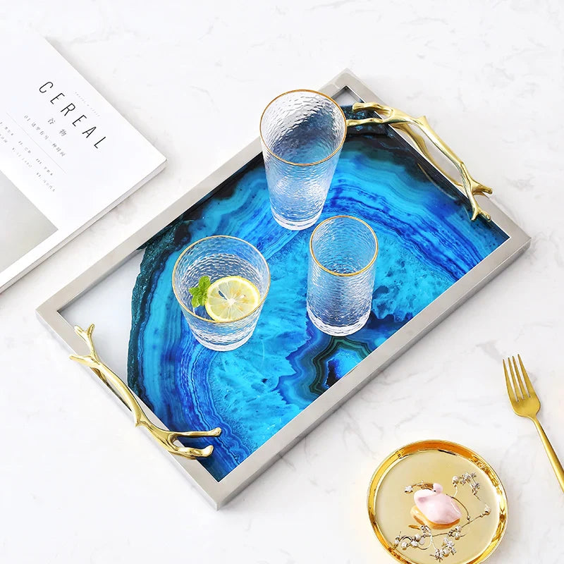 Serving Tray Glass Stainless Steel 16 in Blue Agate Pattern Dining Coffee Table Decorative Rectangle Round Display Platter | Thomler