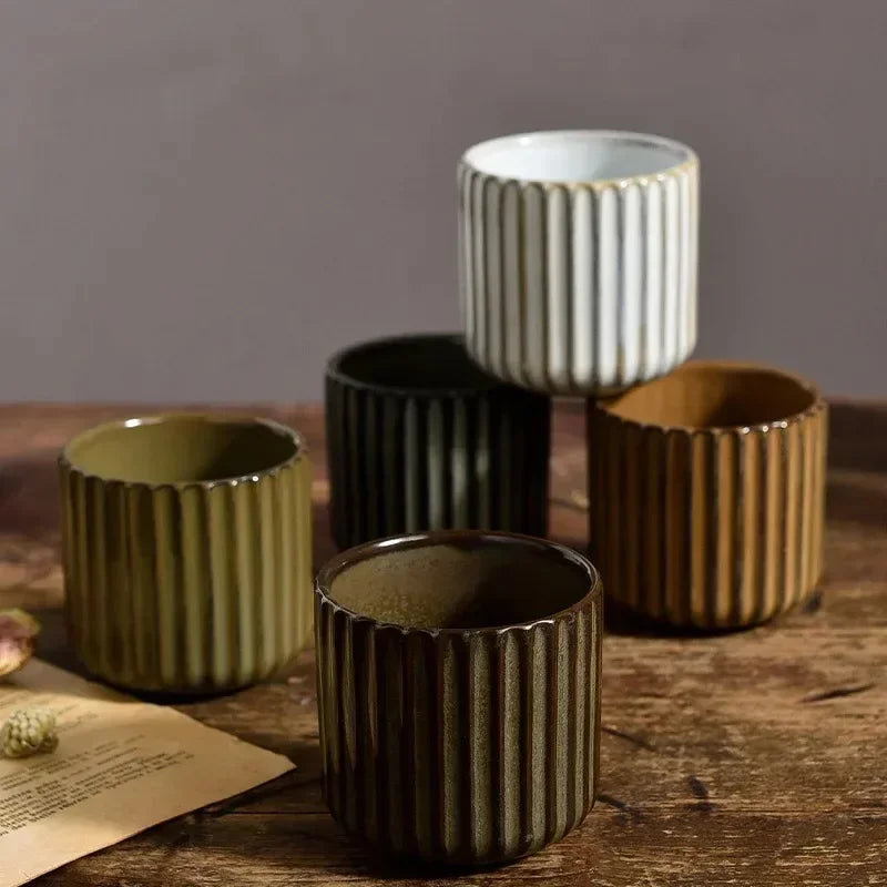 Ceramic Teacup Porcelain 180 ml 6.3 fl oz Ribbed Japanese Style Tea Coffee Sake Cup Japandi Tableware | Thomler