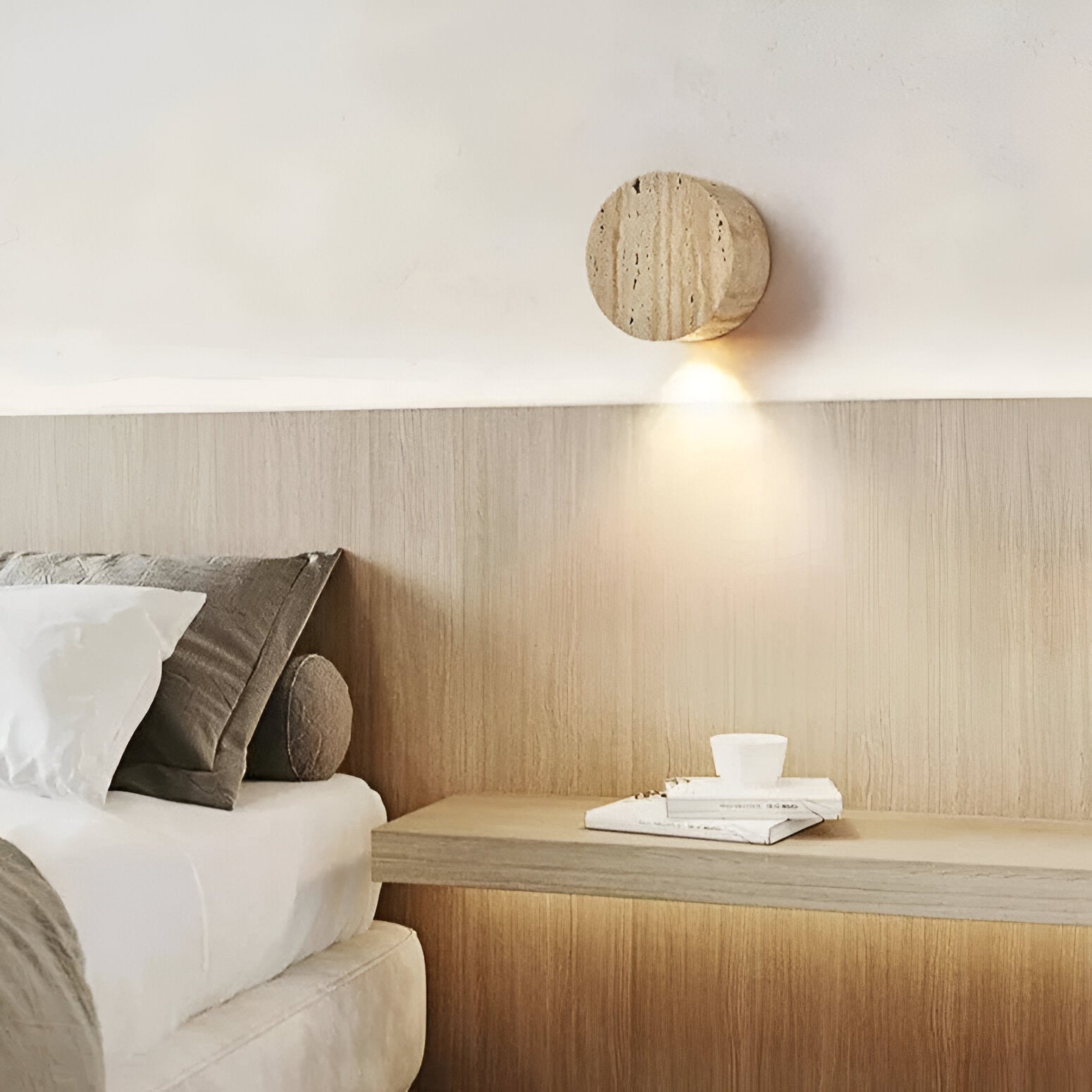 Wall Lamp Travertine Stone 3.9 in Round Frosted Glass Bedroom Hallway Ambient Up Down Light Minimalist Japandi Fixture | Thomler