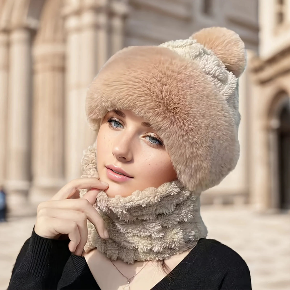 Fleece-Lined Hood Scarf Beanie Combo with Pom-Pom for Women & Men – All-in-One Neck Warmer Face Covering Cold Weather Gear for Commuting | Thomler