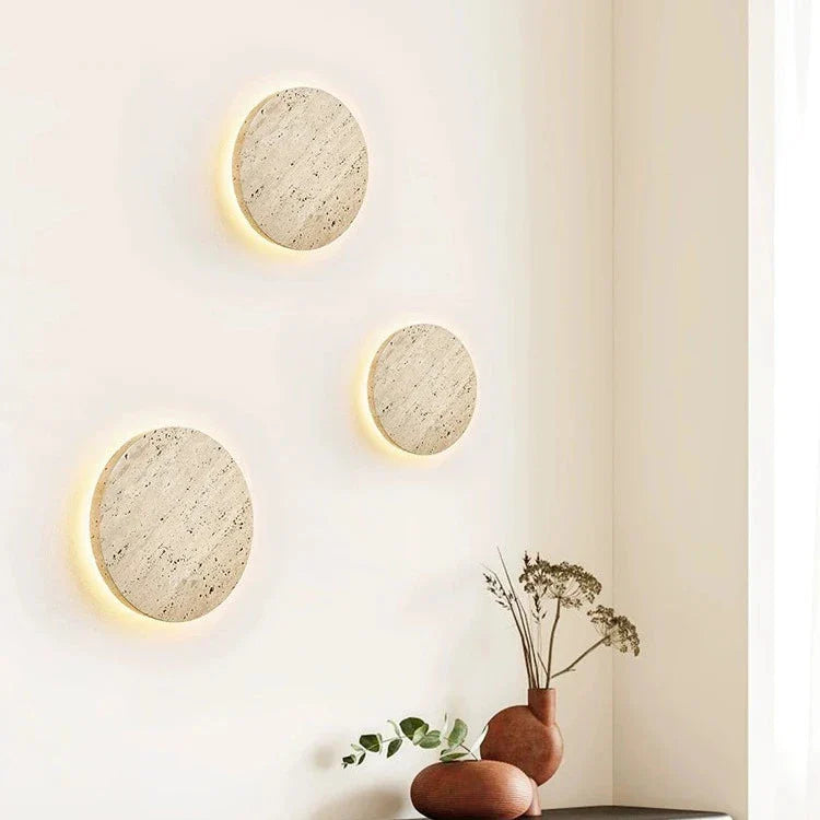 Wall Lamp Travertine Stone 11.8 in Round Warm LED Bedroom Hallway Ambient Lighting Minimalist Natural Stone Sconce | Thomler