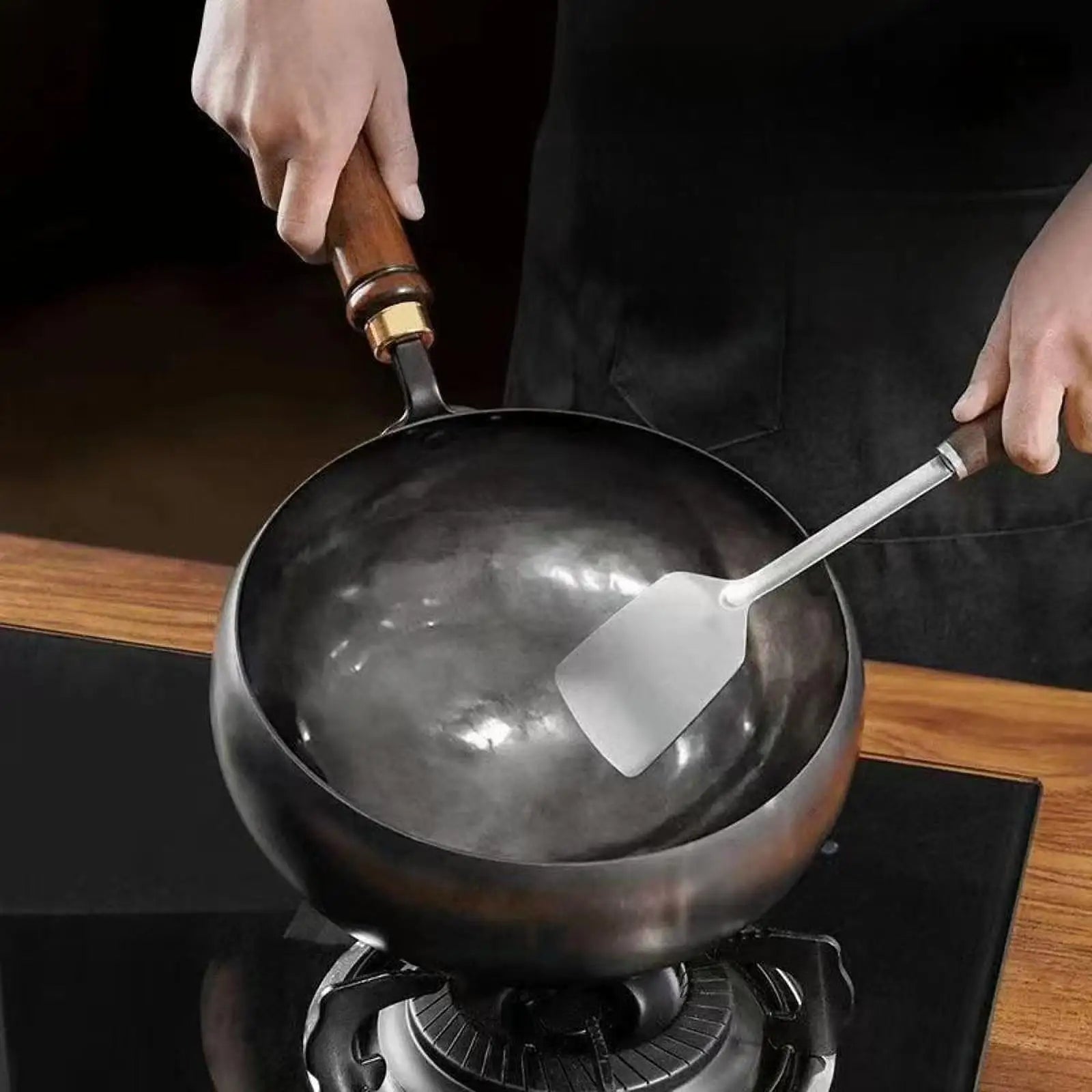 Wok Pan Iron 30.0 cm Wooden Handle Deep Stir Fry Cooking Induction Gas Electric Ceramic Kitchen Pan With Lid | Thomler
