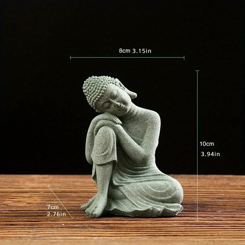 Seated Buddha Figurine in Green Sandstone for Desk, Shelf & Fish Tank Decor | Thomler
