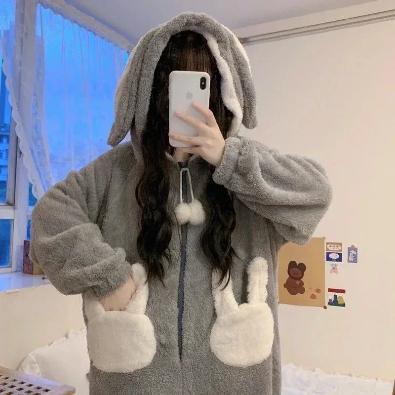 Hooded Bunny Ear One-Piece Sleepwear for Women – Soft Fleece Full-Body Pajama Jumpsuit for Cold Nights | Thomler