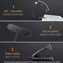 Rechargeable LED Reading Light with Clip and Gooseneck – 3 Color Modes, Dimmable, USB Powered Book Light for Bed, Desk, Travel | Thomler