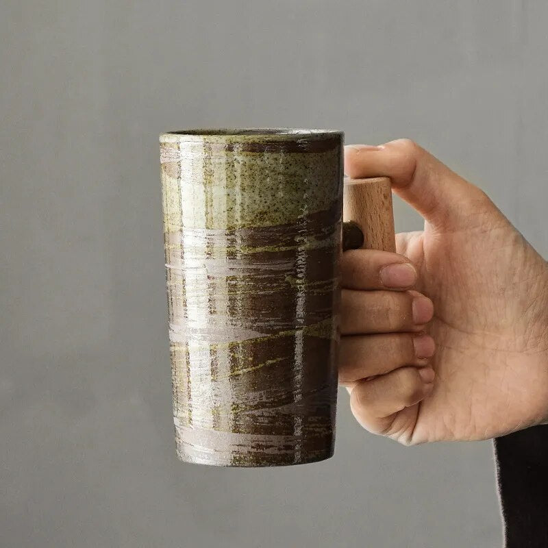 Handcrafted Ceramic Coffee Mug with Wooden Handle – Earthy Tones & Organic Design for Home | Thomler