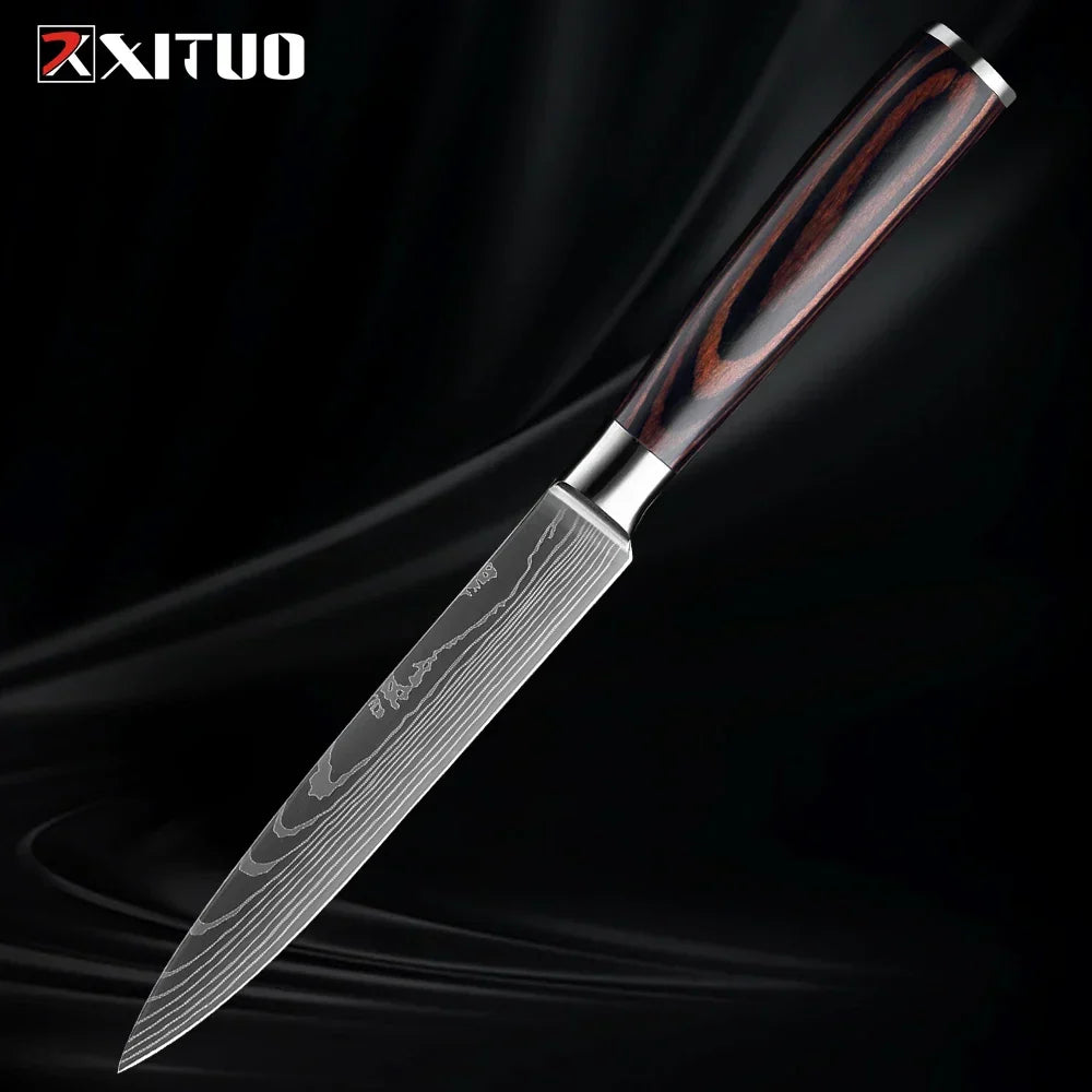 Professional Damascus-Pattern Chef's Blade Set – Hardened Steel Cutlery with Pakkawood Handles – Complete 1-9 Pc Cooking Knife Assortment | Thomler