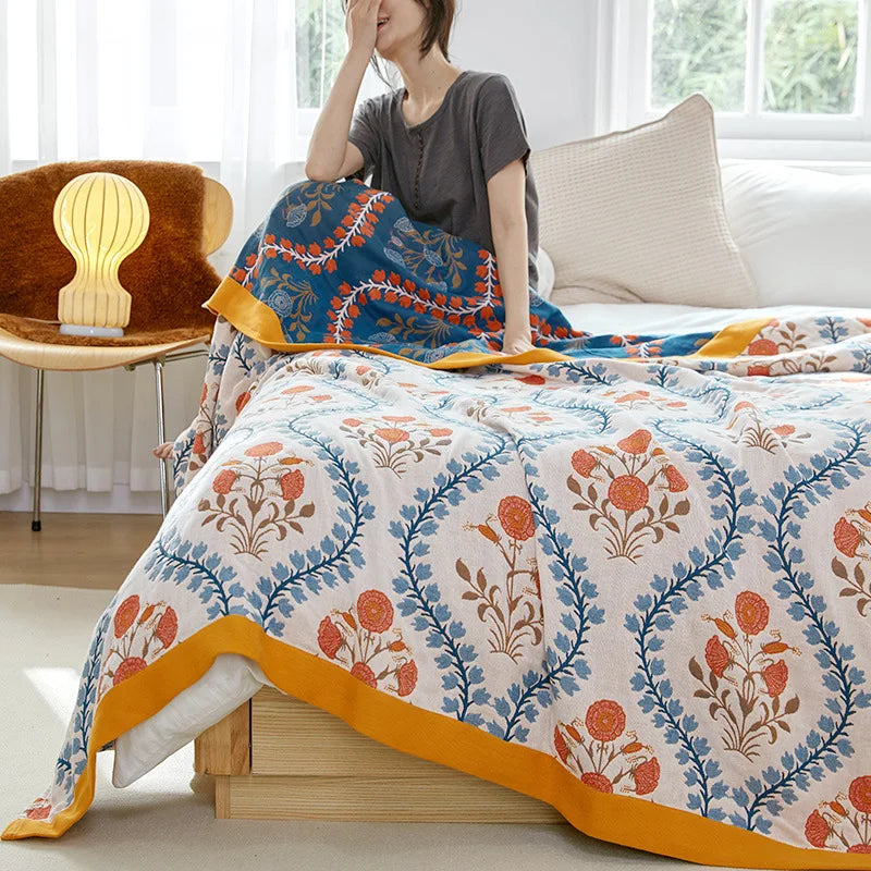 Lightweight Cotton Gauze Throw Blanket Queen King Bed Coverlet Breathable Floral Bedspread for Warm Weather Bedding | Thomler