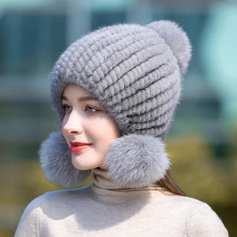 Knitted Real Fur Beanie with Fox Pom-Pom – Luxe Winter Hat for Women | Thomler