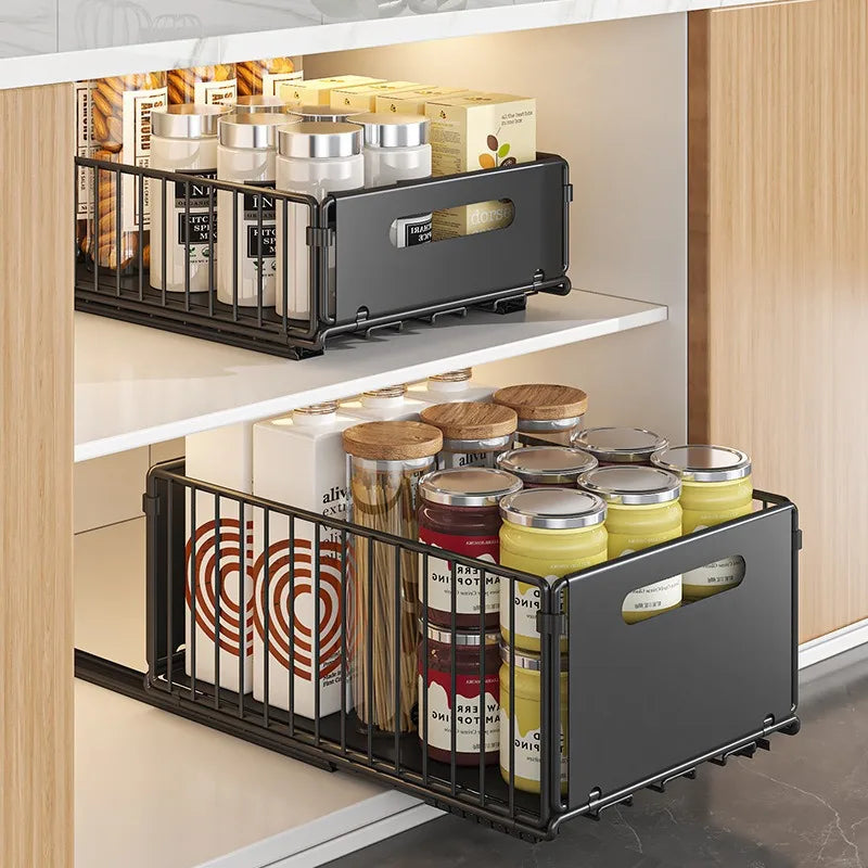 Storage Drawer Carbon Steel 37.5 cm Pull Out Kitchen Cabinet Spice Organiser Pantry Rack Black | Thomler