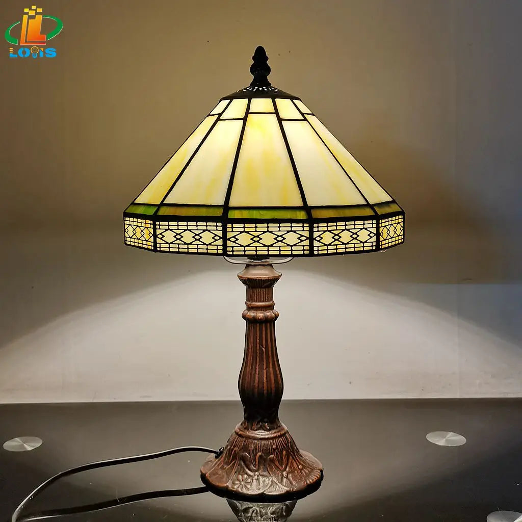 Table Lamp Stained Glass 22.0 cm Cream Bronze Bedroom Desk Reading Light Vintage Tiffany Style Ambient Lighting | Thomler