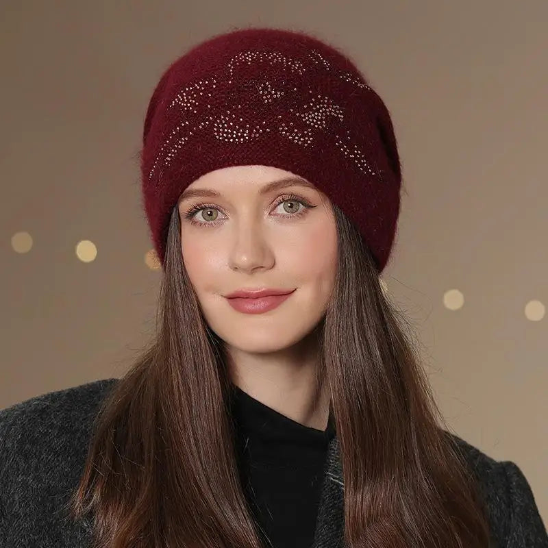 Women's Knit Beanie Hat with Floral Appliqué – Soft Acrylic & Fur-Blend Cap for Cold Weather | Thomler