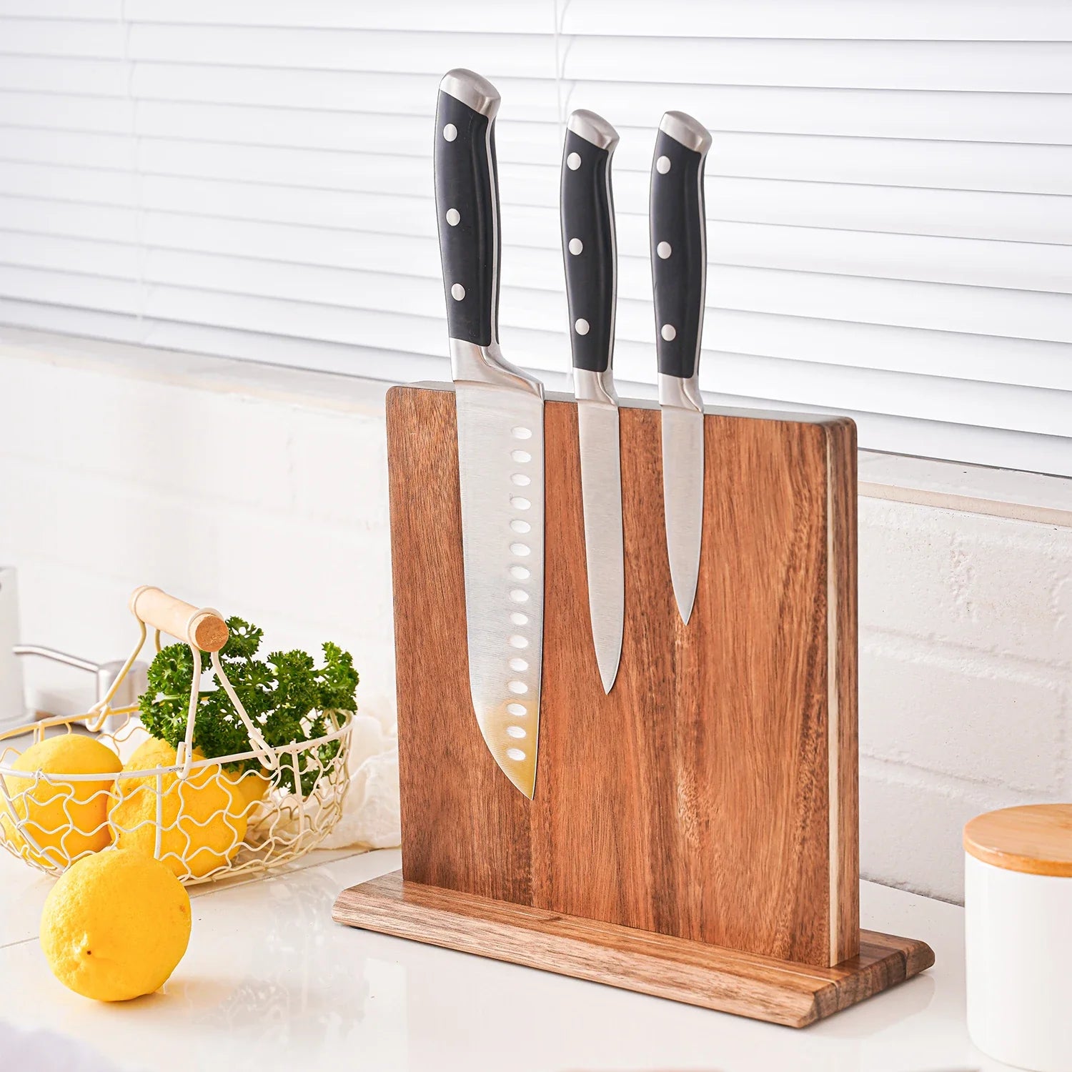 Knife Holder Acacia Wood Magnetic Freestanding Countertop Kitchen Storage Rack Organiser Natural Brown Space Saving Knife Block Alternative | Thomler