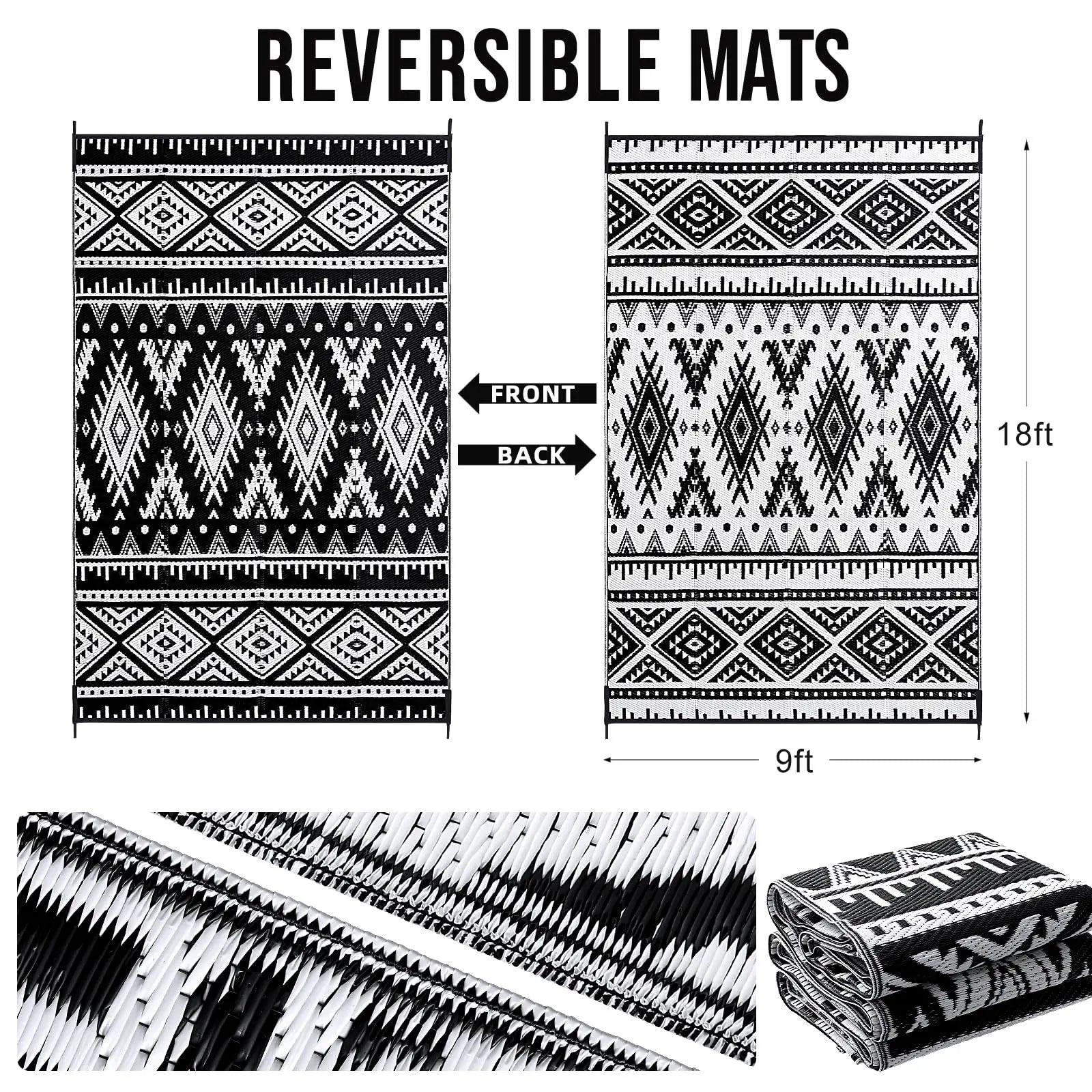 Outdoor Rug Braided Plastic Reversible Black White Patio Camping Garden Picnic Mat Waterproof UV Resistant Foldable | Thomler