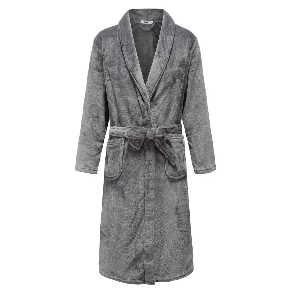Plush Coral Fleece Robe for Men – Long Shawl Collar Bathrobe in Navy, Gray & Camel – Warm Winter Loungewear M-3XL | Thomler