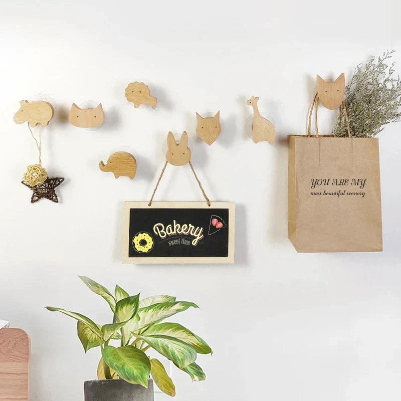 Wall Hooks Wooden Animal Self Adhesive Natural Kids Bedroom Nursery Coat Bag Holders Scandinavian Decor | Thomler