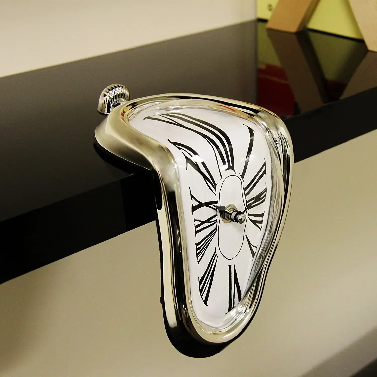 Desk Clock Aluminium Quartz 18.0 cm Silver Surreal Shelf Mantel Office Decorative Melting Roman Numeral Timepiece | Thomler