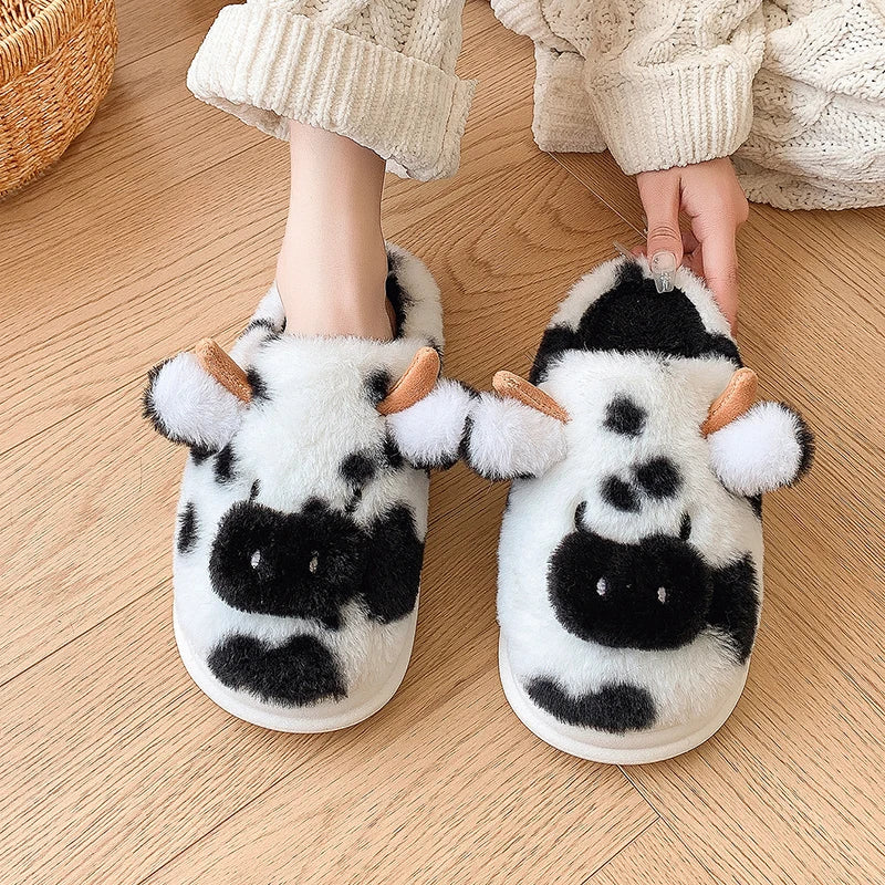 Plush Cow Print House Slippers for Women – Cozy Indoor Footwear with Platform Sole for Winter Warmth & Comfort | Thomler