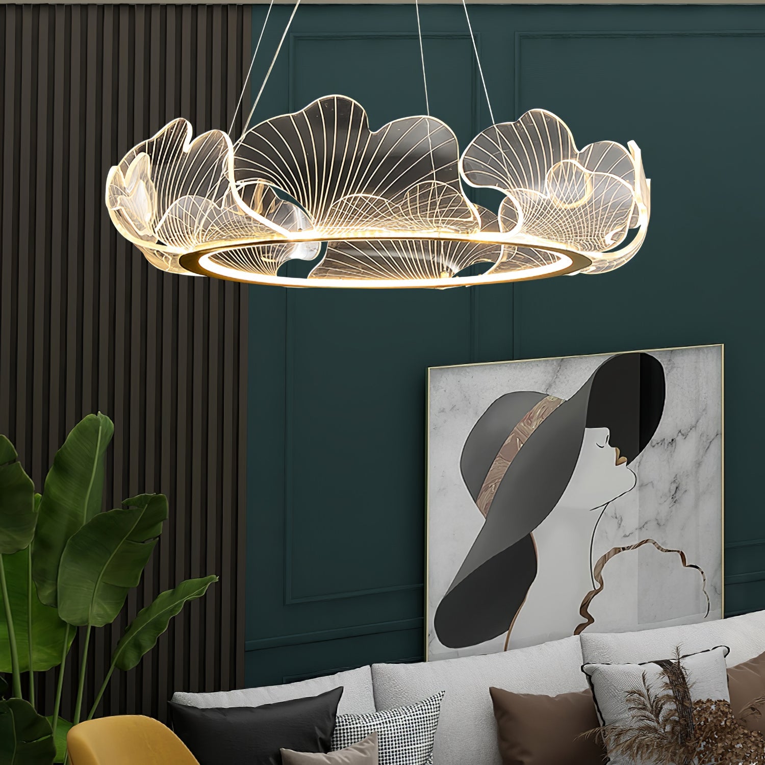 Metal Leaf Ceiling Light 26.7 in Round Gold Office Living Room Kitchen Fixture Adjustable LED | Thomler