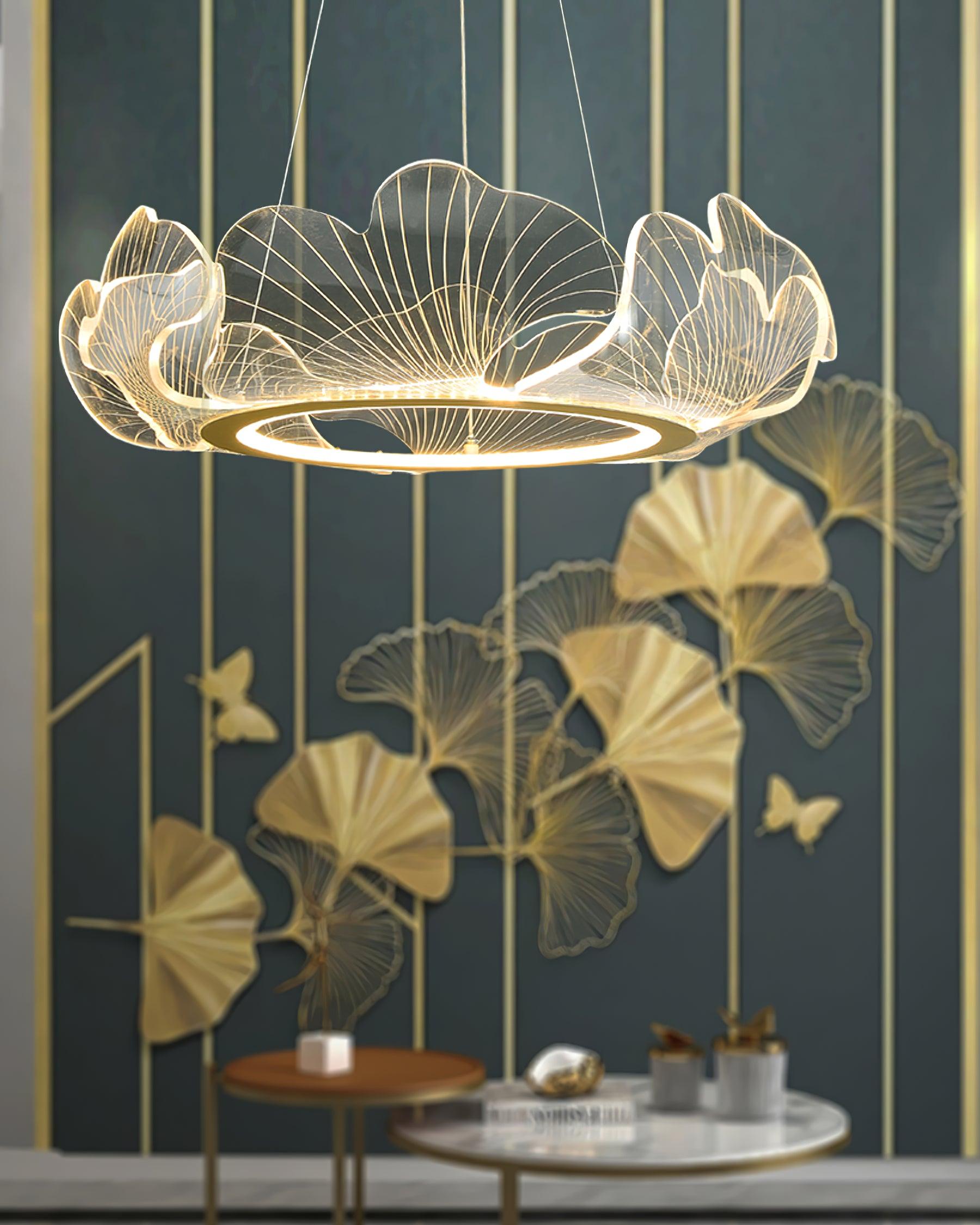 Metal Leaf Ceiling Light 26.7 in Round Gold Office Living Room Kitchen Fixture Adjustable LED | Thomler