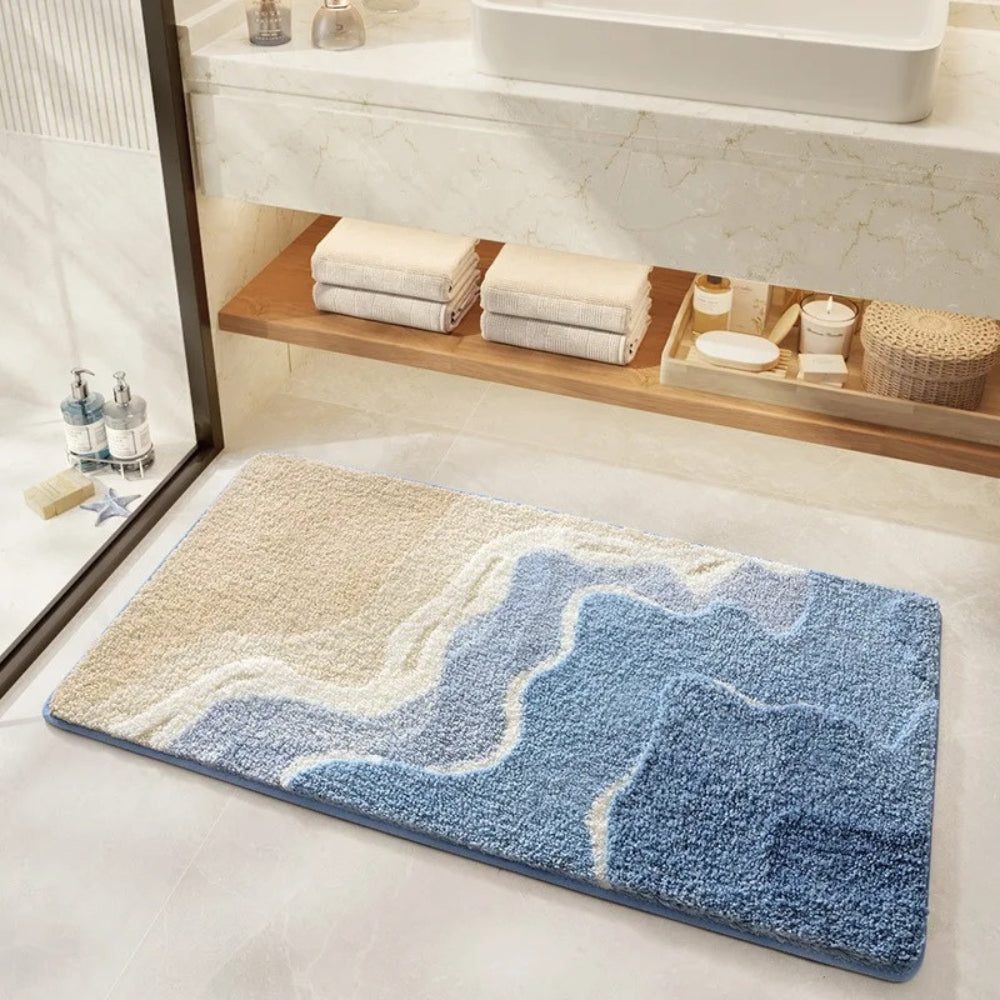 Bath Mat Microfiber 80.0 cm Blue Beige Non Slip Bathroom Shower Absorbent Floor Rug | Thomler