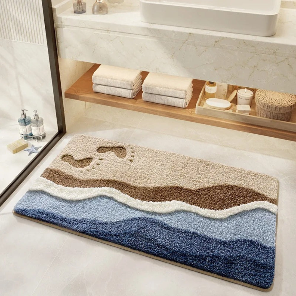 Bath Mat Microfiber 80.0 cm Blue Beige Non Slip Bathroom Shower Absorbent Floor Rug | Thomler