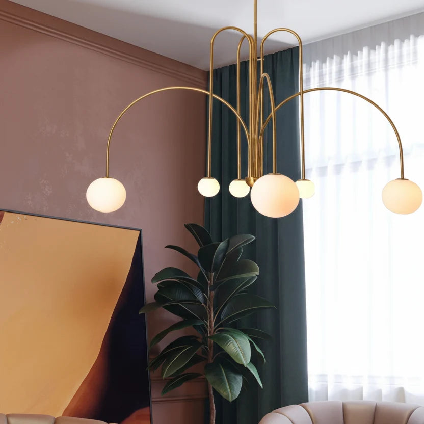 Contemporary Frosted Globe Chandelier with Curved Metal Arms – Modern Statement Lighting for Dining Room & Entryway | Thomler