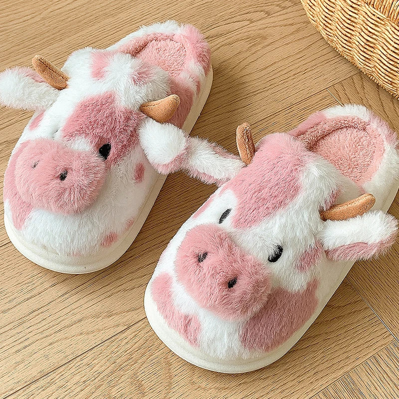 Plush Cow Print House Slippers for Women – Cozy Indoor Footwear with Platform Sole for Winter Warmth & Comfort | Thomler