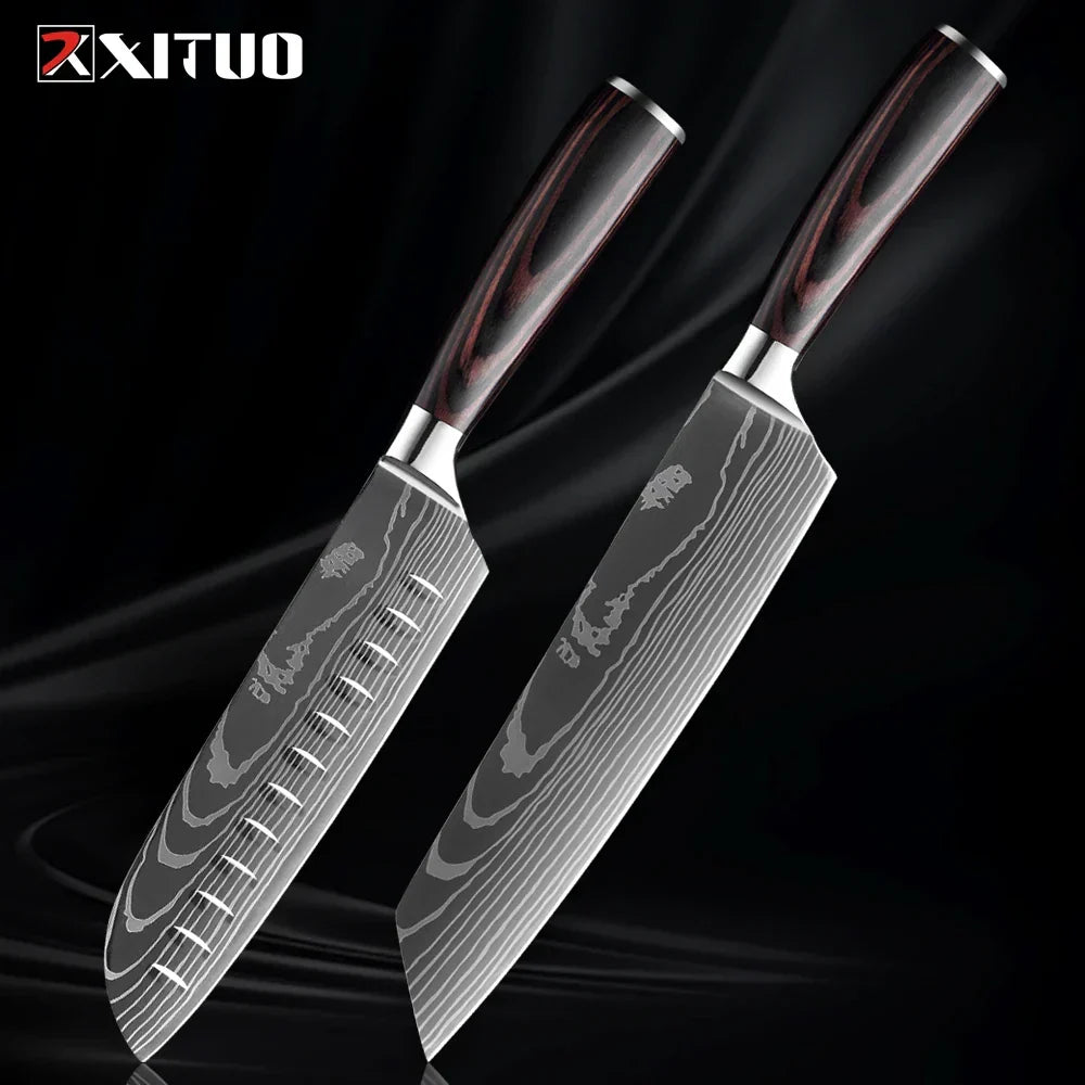 Professional Damascus-Pattern Chef's Blade Set – Hardened Steel Cutlery with Pakkawood Handles – Complete 1-9 Pc Cooking Knife Assortment | Thomler