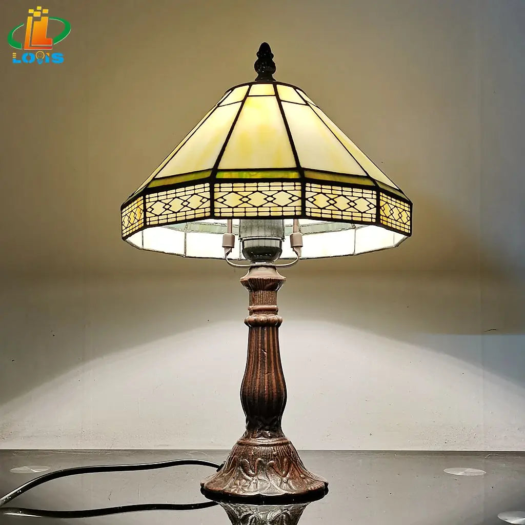 Table Lamp Stained Glass 22.0 cm Cream Bronze Bedroom Desk Reading Light Vintage Tiffany Style Ambient Lighting | Thomler